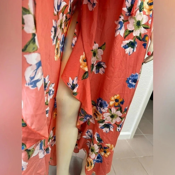 HINT OF BLUSH CORAL FLORAL PRINT OFF THE SHOULDER FAUX WRAP RUFFLE MAXI DRESS L - Picture 9 of 16